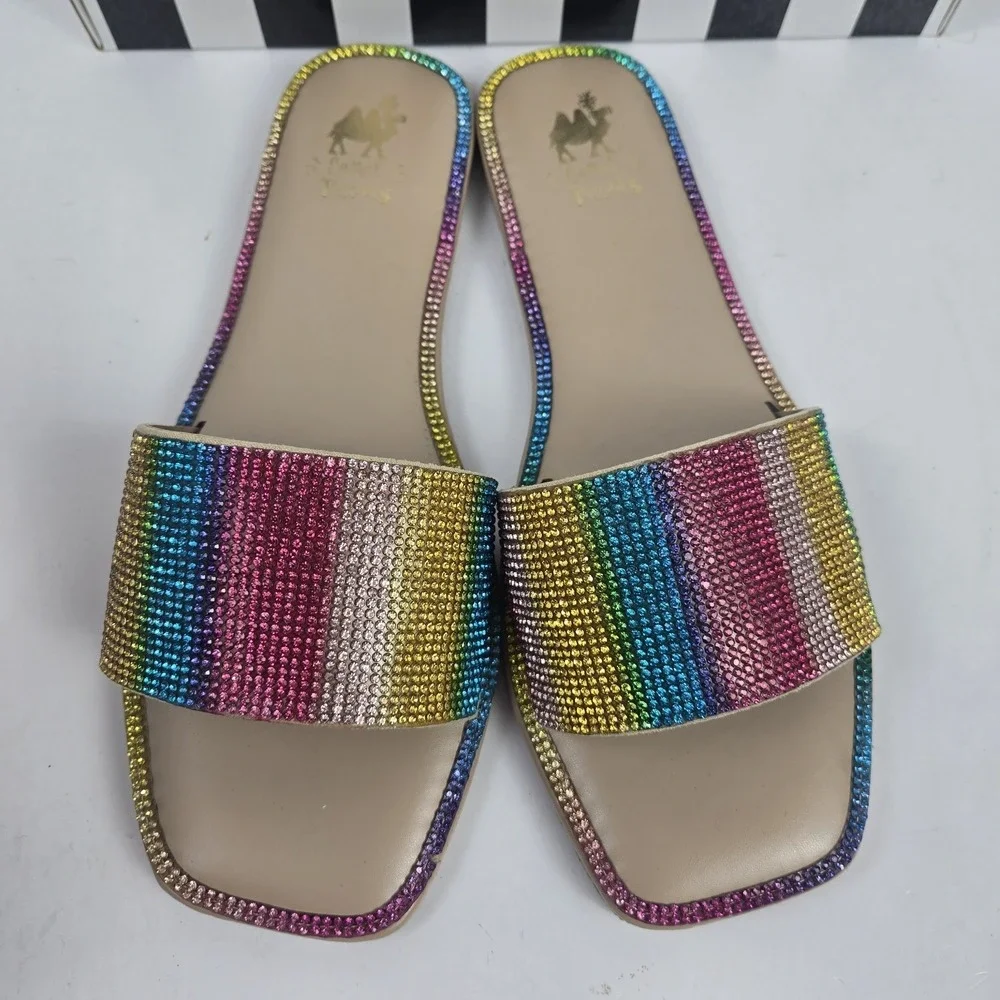 Camel Threads XO Cosmo Striped Rhinestone Slides Open Toe Flats Womens 9 NIB $48